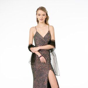 NEW LONG SLEEVELESS SHEATH DRESS WITH STRAPS EMBROIDERED WITH SEQUINS GL1813